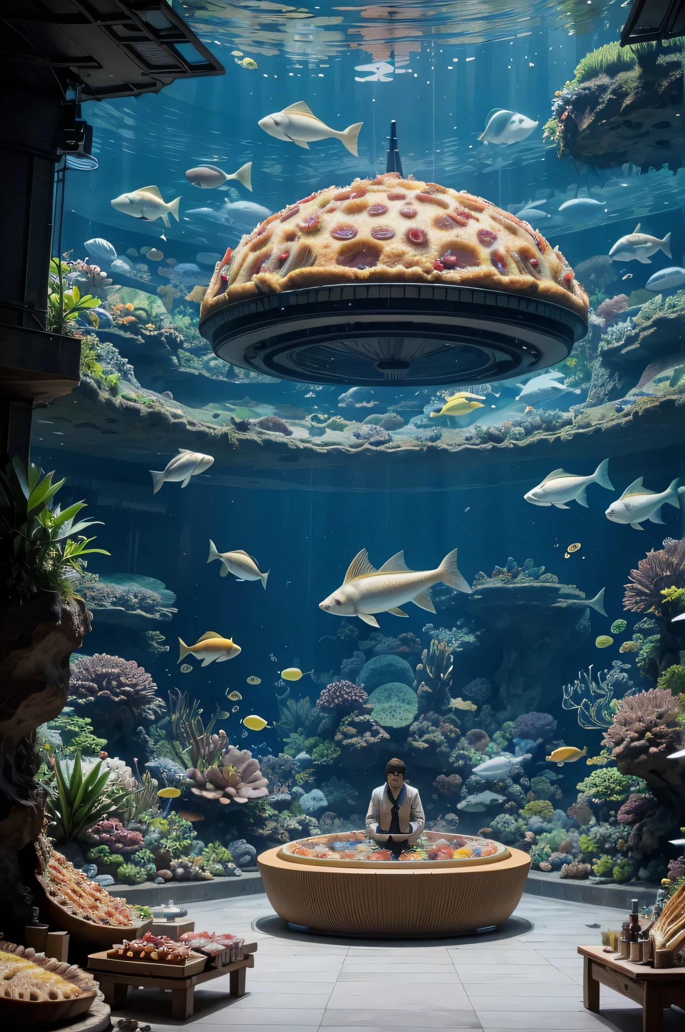 Try to generate an image of a large aquarium full of small fish, average gluttons that represent cancer cells and eat all types of food thrown there since: sugar, banana, carne, pizza, futuristic image background, science fiction film scene