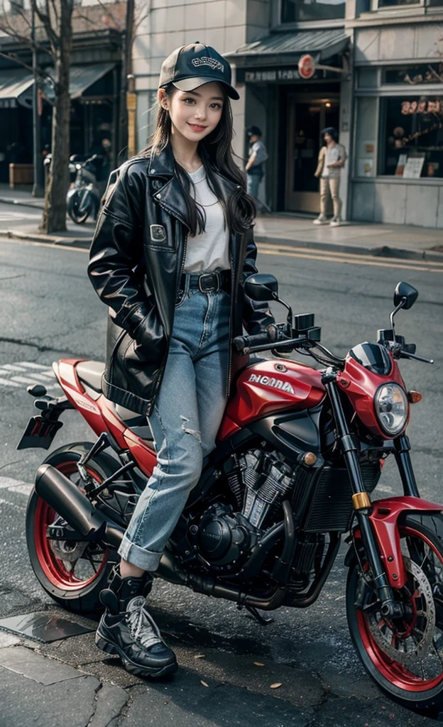 8K, Practical,Realistic photos, high resolution, High-resolution details，Realistic skin texture、Korean beauty living in the United States riding a Honda motorcycle、Nice and delicate face，Smiling gently at the camera，Dirty long coat、Shotgun shoulder strap、Baseball cap、high top sneakers、The city center is in ruins、Sunlight、Cool motorcycle、Sci-fi fashion motorcycle。