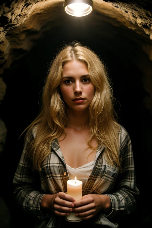 photograph of a woman, (facial expression sensuality), textured skin, Goosebumps, afro blonde hair, plaid flannel shirt with distressed boyfriend jeans, cowboy shot, dark and mysterious cave with unique rock formations and hidden wonders, Perfect eyes, (candlelight,chiaroscuro), 160 color holder, shot on ARRI ALEXA 65, bokeh, sharp focus on the subject, shot by Don McCullin