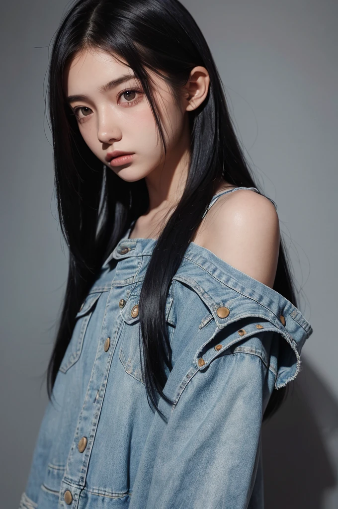 20 year old girl, blue short jean, blue top, long hair, high contrast (Natural skin texture, Hyperrealism, Soft Light, sharp), portrait, standing