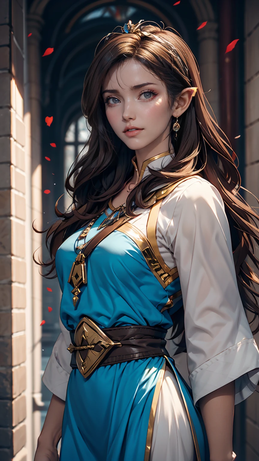 Princess Zelda full body shot, Brown Hair, blue eyes, Dressed as an Assassin&#39;s Creed Assassin, white+In gold、whiteいマスクと金色のディテールが施されたフード, XL Bust, Using the Wrist Blade. background: Renaissance city. Unreal Engine 5, anime, anime style, masterpiece, Well drawn eyes, Well-drawn faces, 細部までWell drawn eyes, 細部までWell-drawn faces, 8K, Light and shadow effects.  