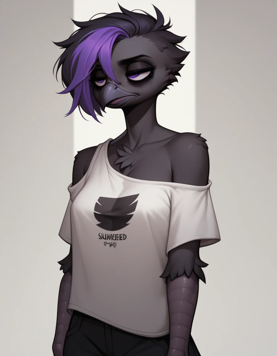 score_9, score_8_up, score_7_up, sera, black avian, purple eyes, tired eyes, bags under eyes, puffed up feathered chest fluff, female, standing, wearing only oversized white t shirt, exposed shoulder, hunched over,