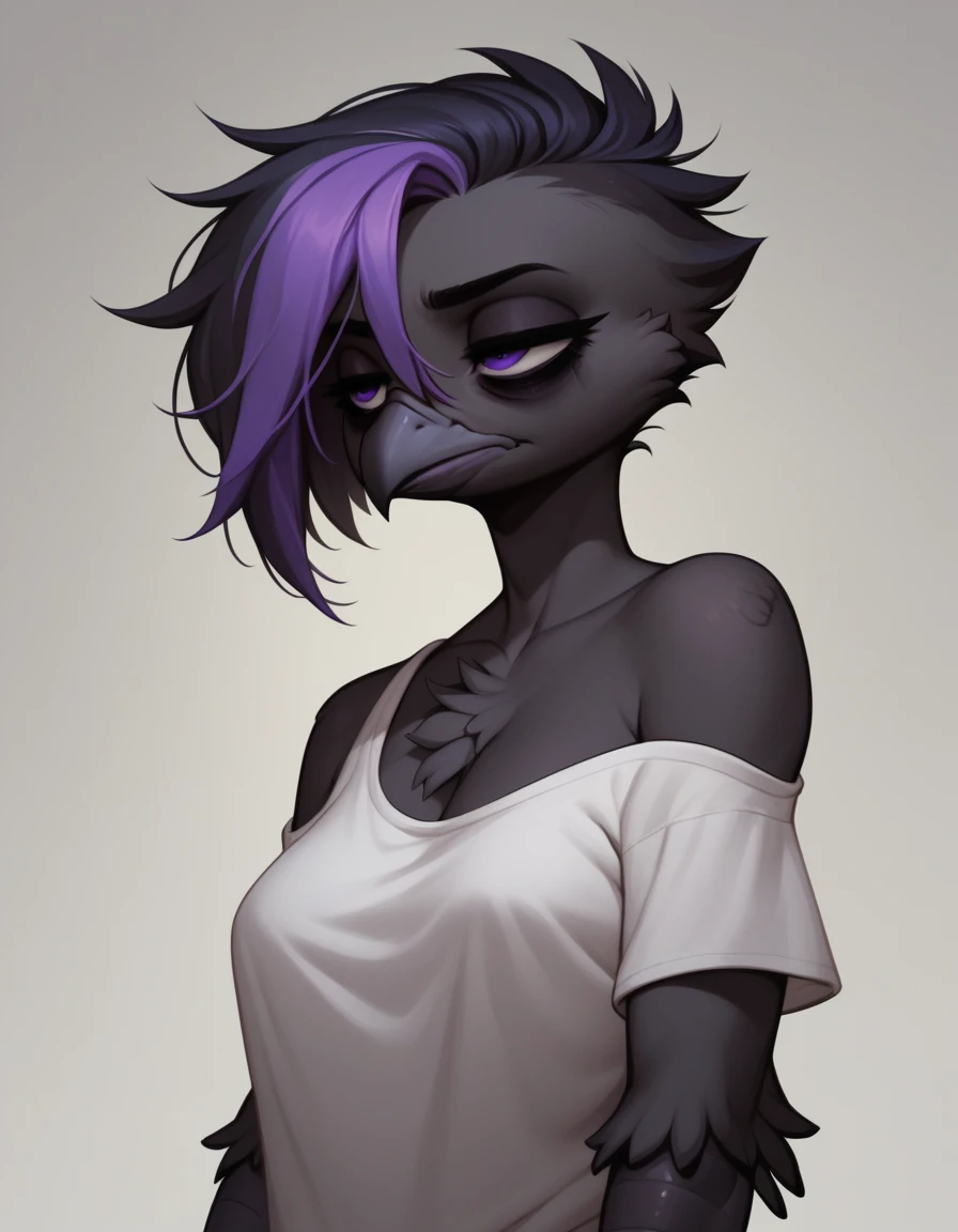 score_9, score_8_up, score_7_up, sera, black avian, purple eyes, tired eyes, bags under eyes, puffed up feathered chest fluff, female, standing, wearing only oversized white t shirt, exposed shoulder, hunched over, 