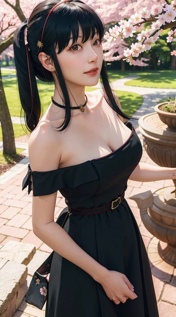 yor, Mature female, bangs, side locks, Red eyes, Black hair, hair adornments,sportrait, (face:1.2), schoolgirls, ssmile,bare shoulders, Black hair, cherry blossom, cleavage, (gown:1.21), clavicle, Willow Branch, (masterpiece best quality :1.2),