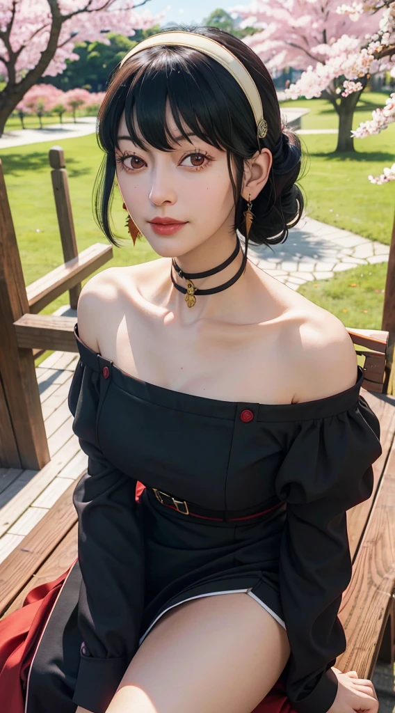 yor, Mature female, bangs, side locks, Red eyes, Black hair, hair adornments,sportrait, (face:1.2), schoolgirls, ssmile,bare shoulders, Black hair, cherry blossom, cleavage, (gown:1.21), clavicle, Willow Branch, (masterpiece best quality :1.2),