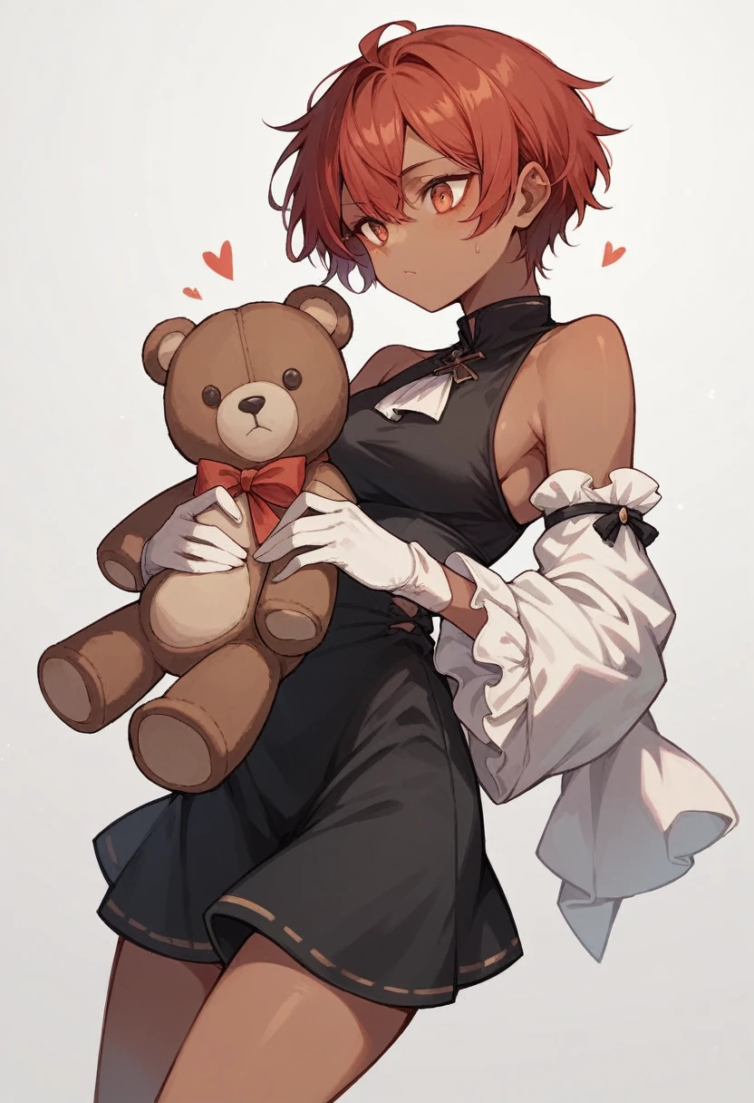 A with dark skin and cat ears,short and red hair, with black dress and white sleeves,holding a teddy bear