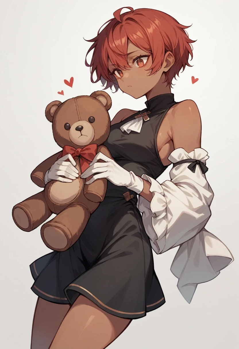 A with dark skin and cat ears,short and red hair, with black dress and white sleeves,holding a teddy bear