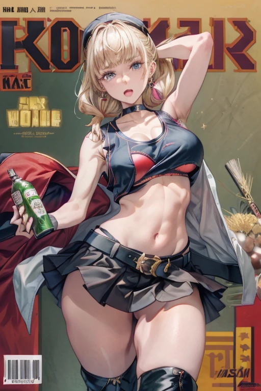 (masterpiece:1.2), (Military uniform magazine cover:1.4),best quality,PIXIV,Sweet girl , sexy posture,1girl, (perky chest:1.2), rolling upskirt by wind:1.6, (with sparkling eyes and a contagious smile),open mouth, (pointed chest:1.2),fishnets, black hair, boots, long hair, black nails, skirt, shirt, black footwear, bag, black skirt, jewelry, jacket,  thigh strap, bangs, necktie, earrings, nail polish, multicolored hair, looking at viewer, full body, bottle, own hands together, belt, jacket on shoulders, food, cats on head, ring, choker, english text, collared shirt, blue eyes, hat, lace-up boots ,masterpiece、highest quality、Very detailed、An illustration、Beautiful fine details、One Girl、cute、Detailed landscape、Training Room Background:1.4、Platinum Blonde Hair、Braided Ponytail、Red camisole、((c cup breasts, Tank top showing underboob:1.4))
