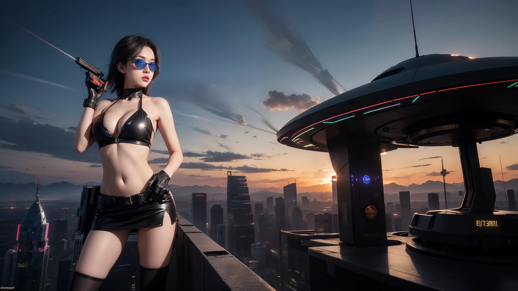 At night, aerial view of futuristic sci-fi cyberpunk city with plenty neon lights, skyscrapers, flying cars, vortex glowing hologram ((giant clock tower)) as time machine, high quality. (1girl, solo), photo realistic, large-breast:1.2 slim body, cleavage:1.3, tube top, short miniskirt, (black sunglasses), aiming at viewer with a (mini rifle):0.3, dynamic pose, half-body thigh level medium shot, cinematic lighting.
