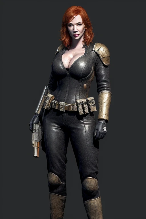 Christina Hendricks as an video game character, alluring 48 year old woman, High-quality facial research of Christina Hendricks, (Christina's sculpted cheekbones and slight wrinkles around the face), High-quality detailed research of Christina Hendricks voluptuous figure. ((aiming at the viewer with a gun)), skin-tight black leather suit, armored pieces, bulletproof armor, utility belt, two pistols, ((holding a handgun)), (((decent looking gun)))). Whole body, Casual pose, Beautiful pose, (Extremely detailed CG 8k wallpaper), (Extremely delicate and beautiful), (Masterpiece), (Best quality: 1.0), (Ultra-high resolution: 1.0), Beautiful lighting, Perfect lighting, Realistic shadows, [high resolution], Detailed skin, Super detailed (((Colorful))), Digital art, Resident Evil concept art, full body concept art, Expert concept art with high detail, concept-art, survival horror game concept art, concept-art, Mark Fillion style, Video game concept art, 4K, full body portrait
