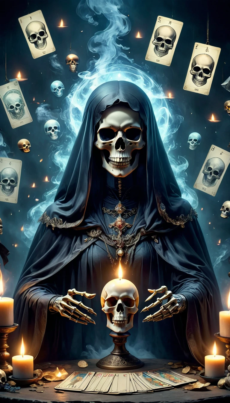 (((Tarot cards scattered in the air))),Divination,Skeleton in black cloak,It sits on the table,Glowing crystal ball,Smoke all around。
Very detailed image of the skull.,From the outline of the skeleton to the texture of the cape, Everything is clearly visible。。Smoky,Makes the whole picture more hazy and mysterious。
Dark Tones,Highlight the mysterious and weird atmosphere。The flame and candlelight become the focus of the picture,Contrast with other Dark Tones。This contrast makes the picture more layered..,at the same time, Visual effects have also been enhanced。
Mysterious and weird feeling。The image of the skull and the surrounding atmosphere are full of unknown and mysterious feelings..,