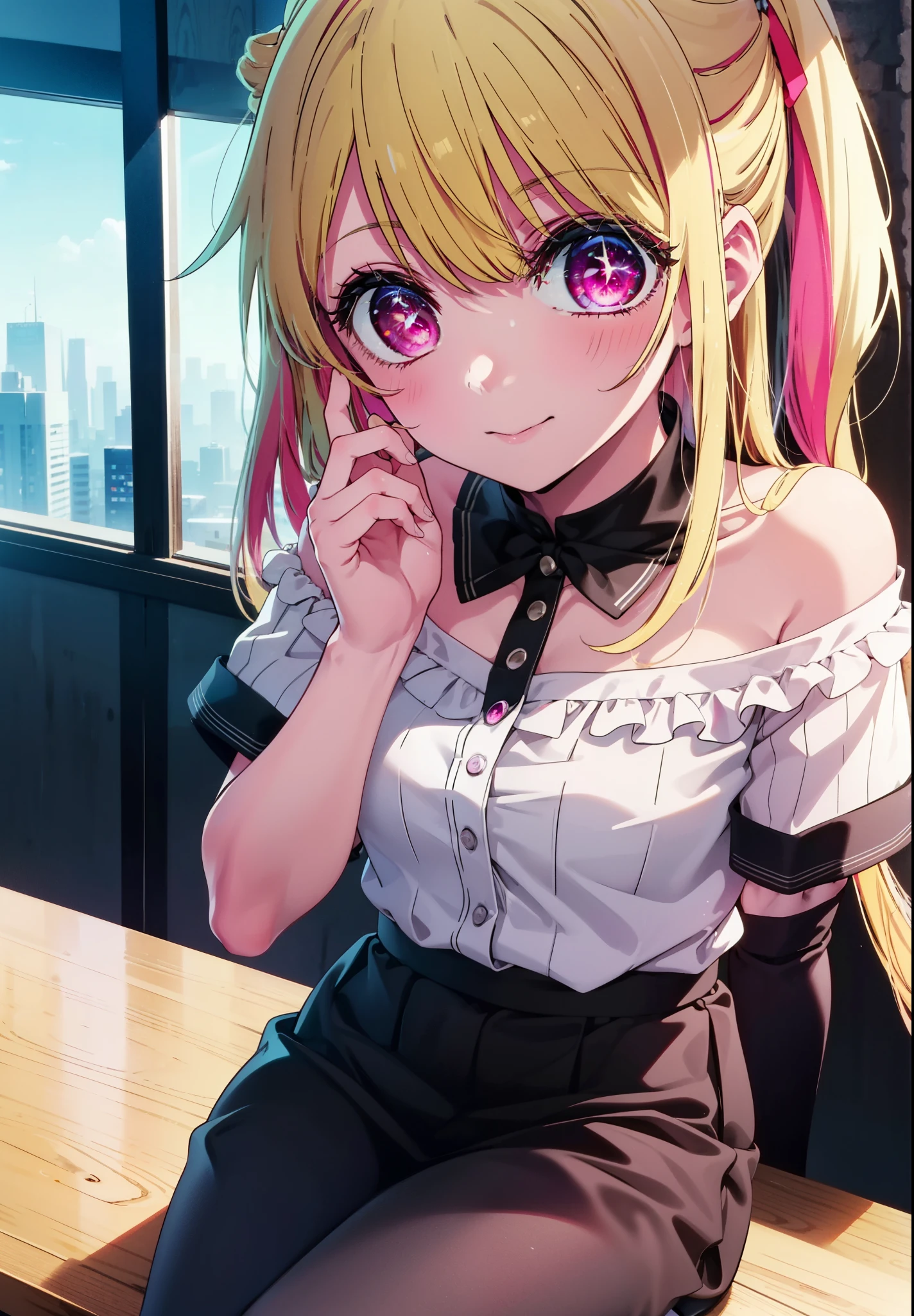 rubyhoshino, Hoshino Ruby, Long Hair, bangs, Blonde, (Pink Eyes:1.3), (Symbol-shaped pupil:1.5), Multicolored Hair, Two-tone hair, happy smile, smile, Close your mouth,
break, Cold Shoulder Shirt,Short sleeve,Long skirt,Black pantyhose,Stiletto heels,There is a computer on the table,Are standing,interior,whole bodyがイラストに入るように,Daytime,Clear skies,
break indoors, office,
break looking at viewer, whole body,
break (masterpiece:1.2), Highest quality, High resolution, unity 8k wallpaper, (figure:0.8), (Beautiful attention to detail:1.6), Highly detailed face, Perfect lighting, Highly detailed CG, (Perfect hands, Perfect Anatomy),