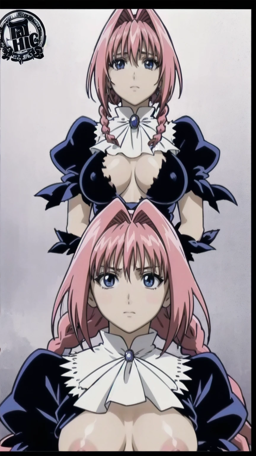 masterpiece, Highest quality,High resolution,Dorothy, Pink Hair、Bright Blue Eyes、Big black eyes、Braiding, Black Dress、Cowboy Shot、Line art、Pencil drawing、comics、alone、One、Torn clothes、tits、Large areola、Nipples