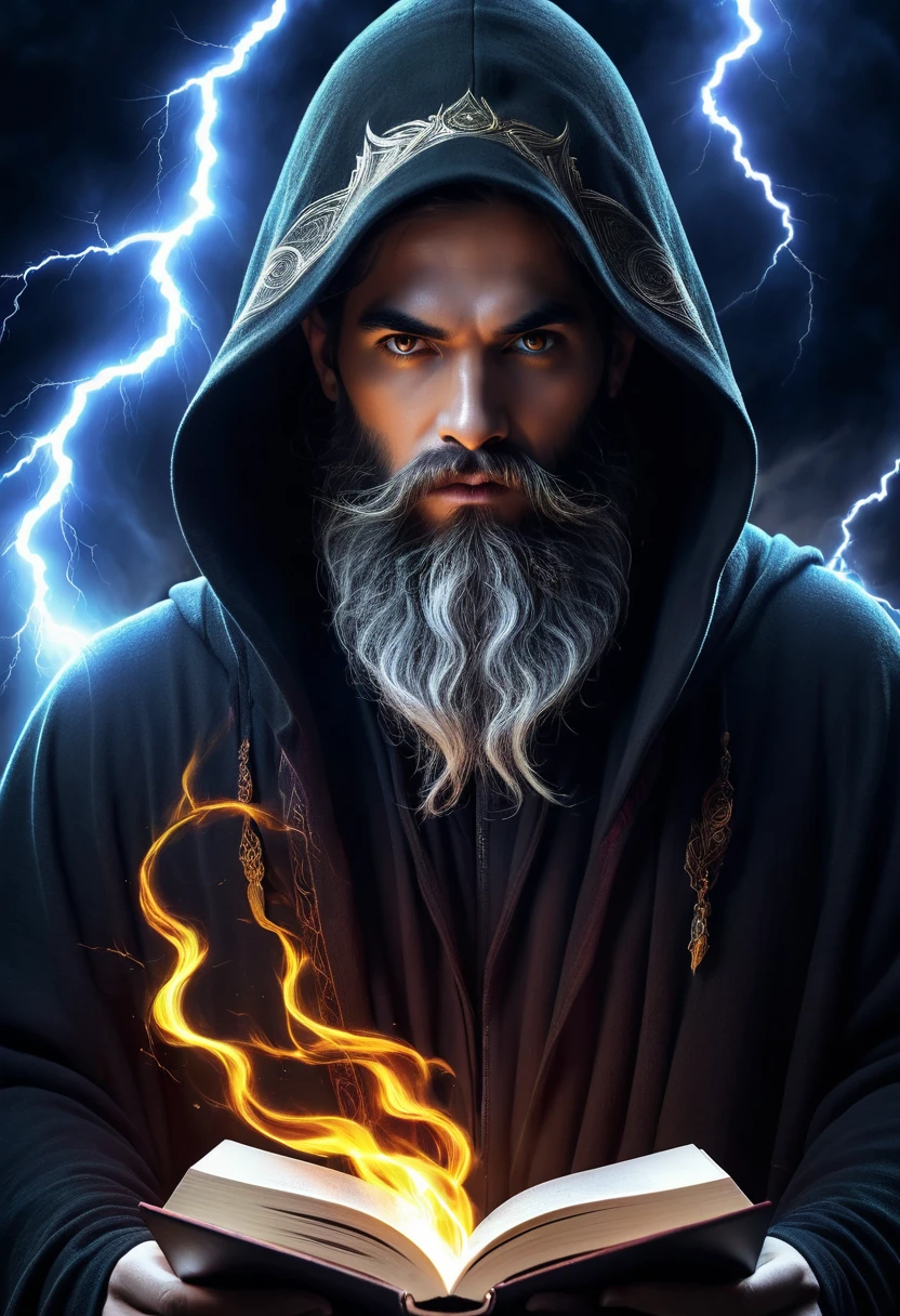 an astrologer, dark face, monstrous face, long beard, lightning eyes, dark hoodie cloak, dark aura, opened magi book, ethereal, four element blended, hihg resolution art photographic, digitally manipulated image, super detailed, UHD, 8k, dramatic light, ambient, circle flame background