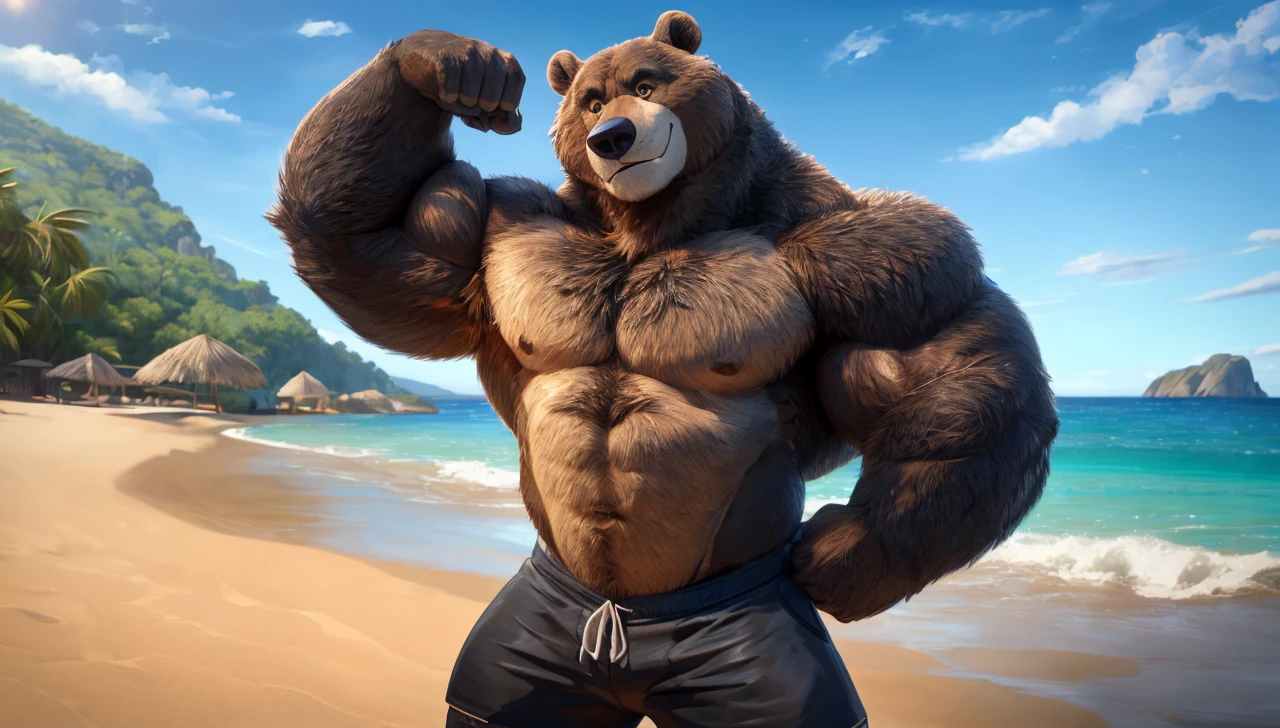 solo, 1boy, beach, size different, extremely huge muscular, massive muscular, Baloo, jungle book, grizzly bear, full-body, well-muscled bring shirtless in a black swim trunk shorts in beach. Flexing his arms. ((extremely muscle size, super thick arms, huge bidy, thick brown fur, extremely wide body and shoulder , huge arms)). and add details to make it attractive and interesting. Add textures and details to make the image more realistic, such as the appearance of the shirt texture and the appearance of the skin. Make sure the resulting image is high resolution, 8K quality.", simple background, masterpiece, high detailed, 8k, high resolution