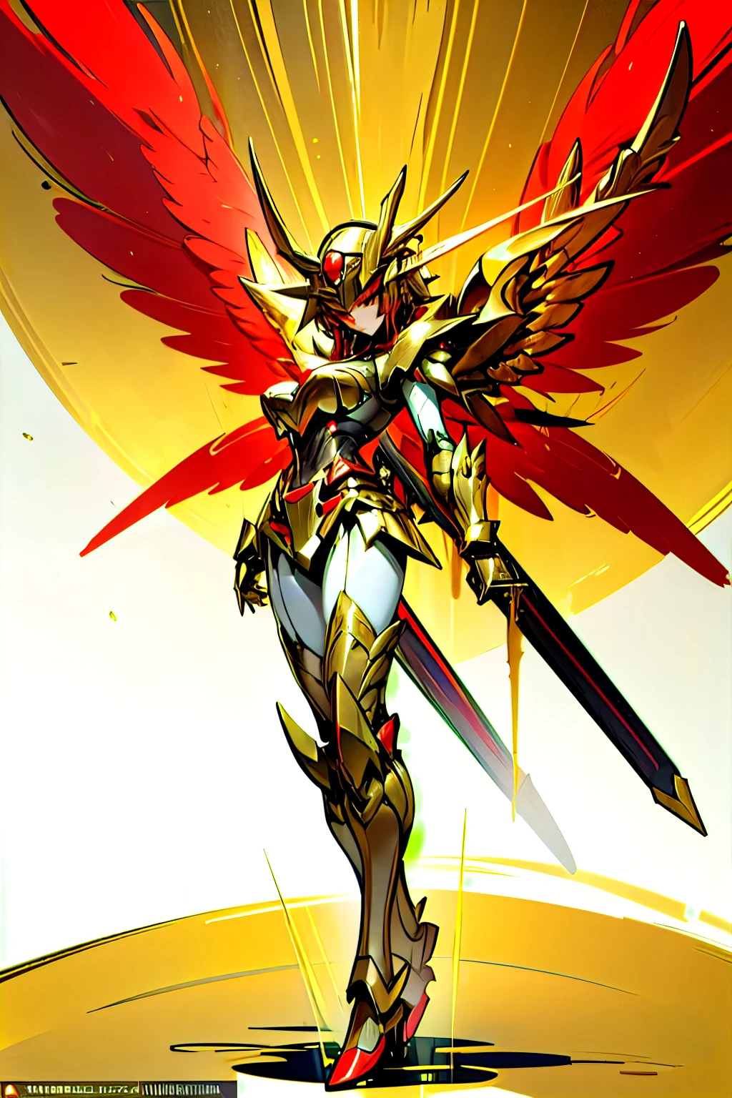 Cute appearance, sexy figure, standing in the tropical rain forest, big breasts and long legs, wearing high-tech golden armor, holding two samurai swords, with Gundam big wings behind her and a long red tail, full body portrait