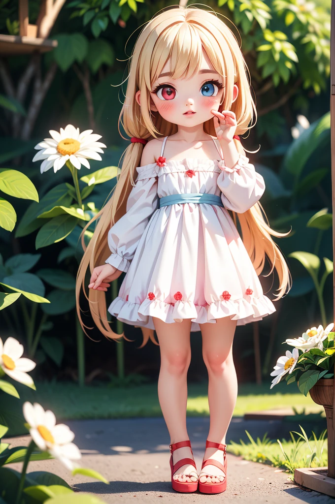 (best quality:1.4),(masterpiece:1.4),(8K:1.4),(extremely detailed:1.4),1girl,(heterochromia:1.4),(red eyes:1.4),(blue eyes:1.4),bare legs,bare shoulders,black footwear,(very long blonde hair:1.2),blue eyes,breasts,cake,cup,dress,flower,hair flower,hair ornament,heterochromia,high heels,lamp,long hair,long sleeves,looking at viewer,parted lips,plant,plate,potted plant,red eyes,solo,thighs,underwear,vase,very long hair,white dress,white flower,standing,
