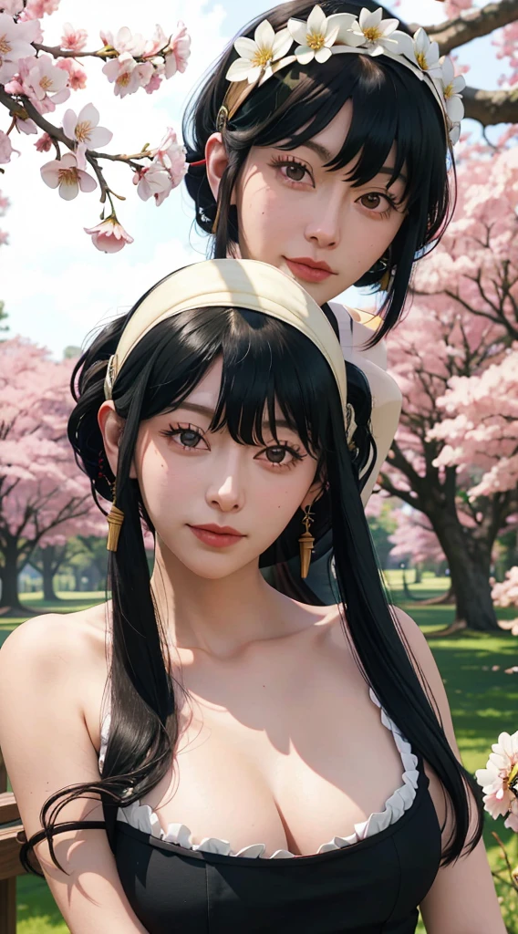 yor, Mature female, bangs, side locks, Red eyes, Black hair, hair adornments,sportrait, (face:1.2), schoolgirls, ssmile,bare shoulders, Black hair, cherry blossom, cleavage, (gown:1.21), clavicle, Willow Branch, (masterpiece best quality :1.2),
