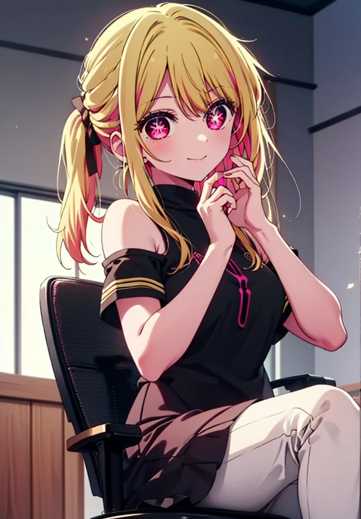 rubyhoshino, Hoshino Ruby, Long Hair, bangs, Blonde, (Pink Eyes:1.3), (Symbol-shaped pupil:1.5), Multicolored Hair, Two-tone hair, happy smile, smile, Close your mouth,
break, Cold Shoulder Shirt,Short sleeve,Long skirt,Black pantyhose,Stiletto heels,There is a computer on the table,sitting cross-legged on a chair,interior,whole bodyがイラストに入るように,Daytime,Clear skies,
break indoors, office,
break looking at viewer, whole body,
break (masterpiece:1.2), Highest quality, High resolution, unity 8k wallpaper, (figure:0.8), (Beautiful attention to detail:1.6), Highly detailed face, Perfect lighting, Highly detailed CG, (Perfect hands, Perfect Anatomy),