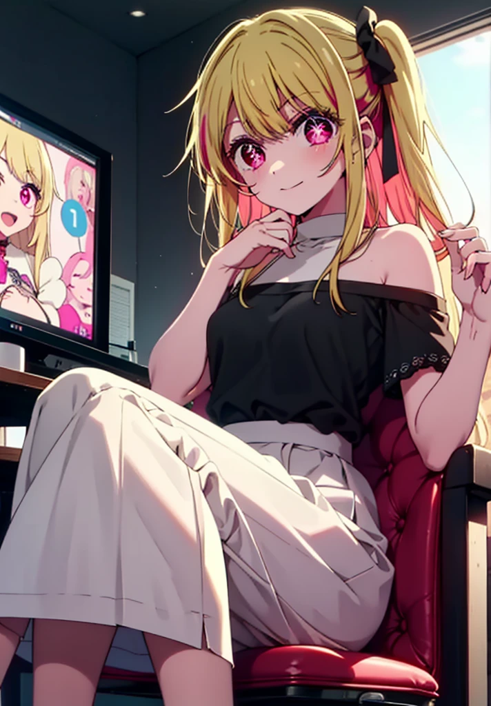 rubyhoshino, Hoshino Ruby, Long Hair, bangs, Blonde, (Pink Eyes:1.3), (Symbol-shaped pupil:1.5), Multicolored Hair, Two-tone hair, happy smile, smile, Close your mouth,
break, Cold Shoulder Shirt,Short sleeve,Long skirt,Black pantyhose,Stiletto heels,There is a computer on the table,sitting cross-legged on a chair,interior,whole bodyがイラストに入るように,Daytime,Clear skies,
break indoors, office,
break looking at viewer, whole body,
break (masterpiece:1.2), Highest quality, High resolution, unity 8k wallpaper, (figure:0.8), (Beautiful attention to detail:1.6), Highly detailed face, Perfect lighting, Highly detailed CG, (Perfect hands, Perfect Anatomy),