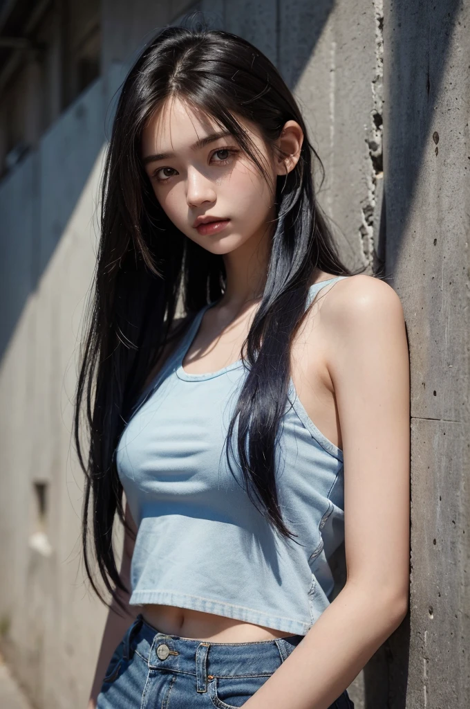20 year old girl, blue short jean, blue top, long hair, high contrast (Natural skin texture, Hyperrealism, Soft Light, sharp), portrait, standing