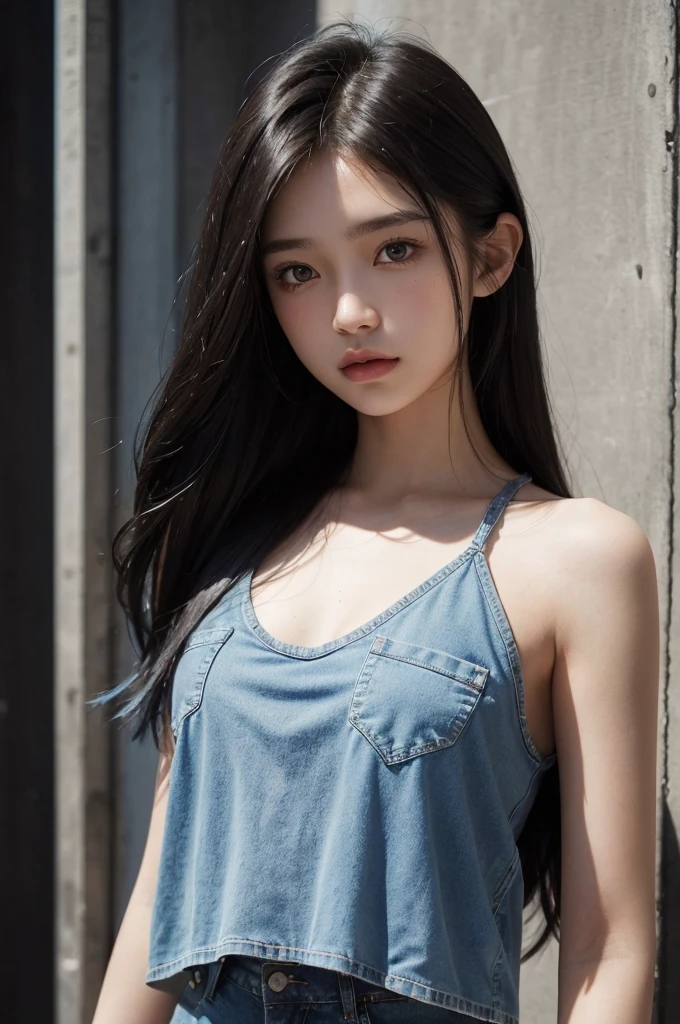 20 year old girl, blue short jean, blue top, long hair, high contrast (Natural skin texture, Hyperrealism, Soft Light, sharp), portrait, standing