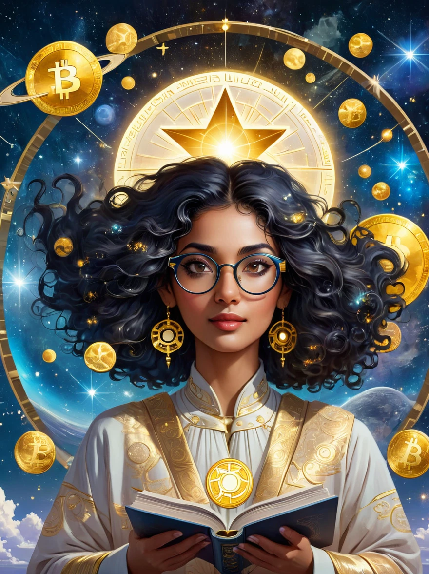 An astrologer from the future, peering into a golden astronomy tool against the backdrop of a starry sky. The astrologer, a South-Asian woman with long, curly, black hair and glasses, is gazing at a holographic representation of a cryptocurrency symbol floating and glowing. She's wearing a shimmering, futuristic outfit that resembles traditional stargazer attire. Her desk is cluttered with ancient astrology books contrasted with highly advanced tech gadgets. This image captures the fascinating clash of tradition and future.