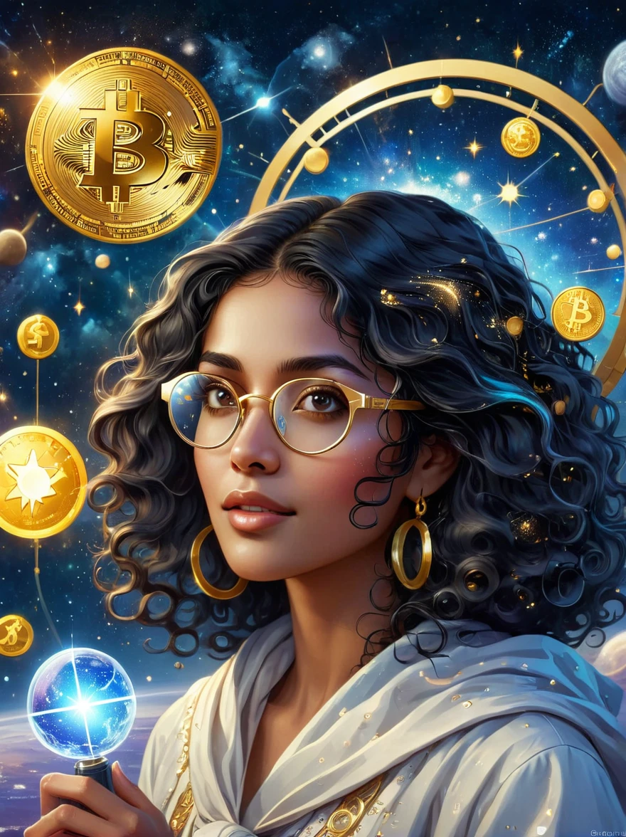 An astrologer from the future, peering into a golden astronomy tool against the backdrop of a starry sky. The astrologer, a South-Asian woman with long, curly, black hair and glasses, is gazing at a holographic representation of a cryptocurrency symbol floating and glowing. She's wearing a shimmering, futuristic outfit that resembles traditional stargazer attire. Her desk is cluttered with ancient astrology books contrasted with highly advanced tech gadgets. This image captures the fascinating clash of tradition and future.