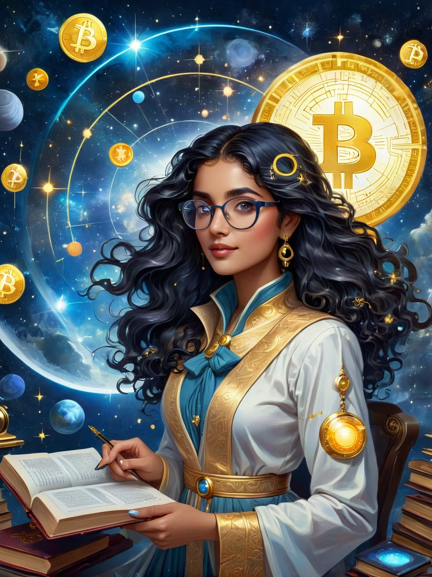 An astrologer from the future, peering into a golden astronomy tool against the backdrop of a starry sky. The astrologer, a South-Asian woman with long, curly, black hair and glasses, is gazing at a holographic representation of a cryptocurrency symbol floating and glowing. She's wearing a shimmering, futuristic outfit that resembles traditional stargazer attire. Her desk is cluttered with ancient astrology books contrasted with highly advanced tech gadgets. This image captures the fascinating clash of tradition and future.