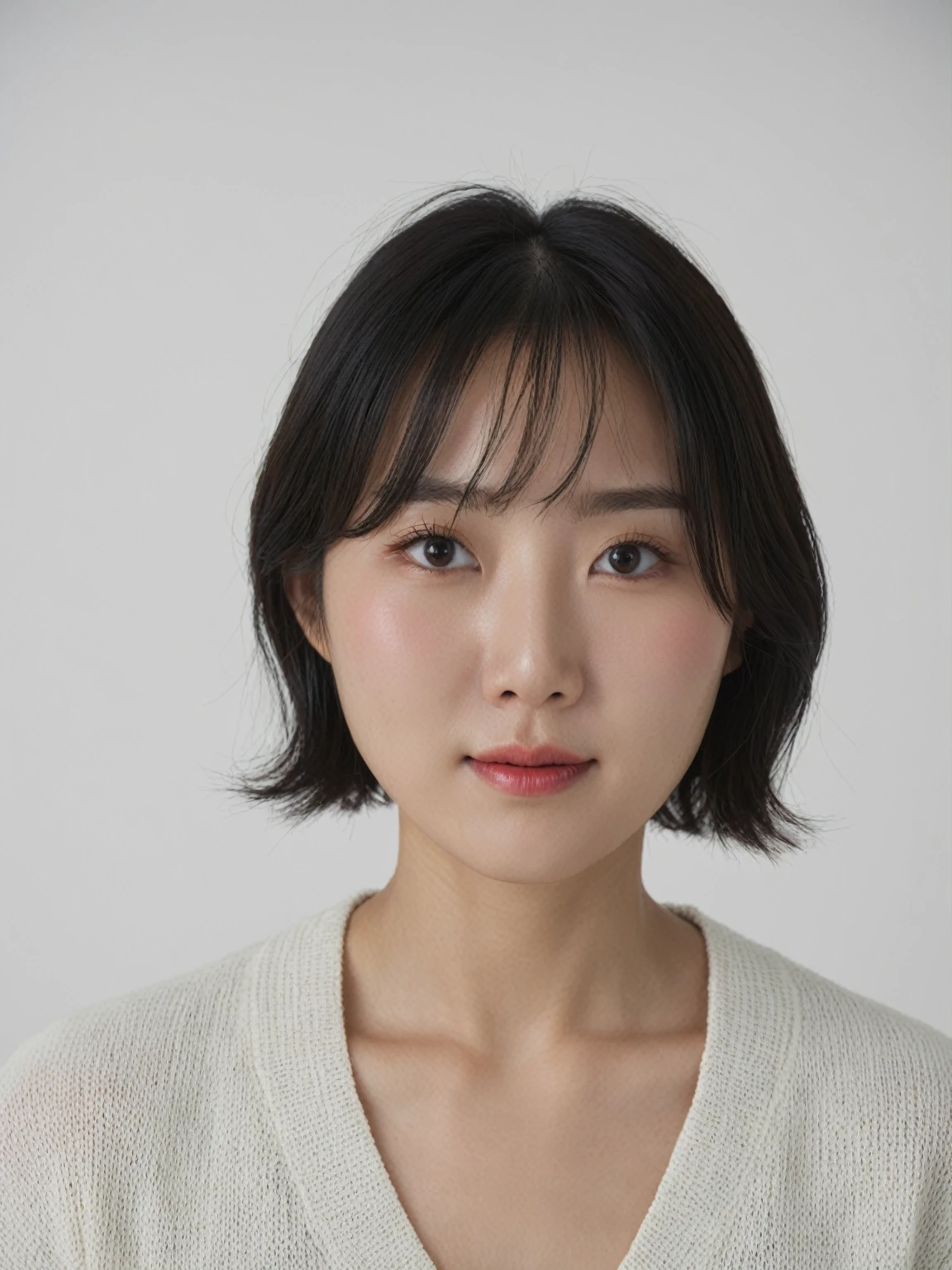 Best Quality, 8k, Masterpiece, (Portrait: 1.3), (photo realistic:1.4), (hyper realistic:1.4), Sharp Focus, looking at viewer, (smoother lighting:1.1), (increase cinematic lighting quality:0.9), realistic lighting, backlighting, light on face, ray trace, (brightening light:1.2), (Increase quality:1.4), sharp detail, (best quality real texture skin:1.4), finely detailed eyes, black_eyes, finely detailed face, 25 year old Korean woman