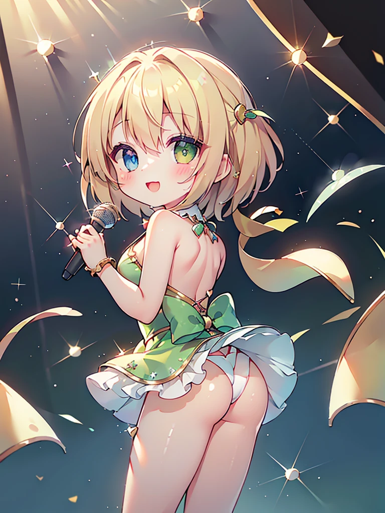 masterpiece, highest quality,excellent anatomy、1 girl cute girl, short hair, tiny thong, back view, looking back , light blond hair、heterochromia eyes、idol type、cute lime green dress、Heart-shaped shining eyes、a smile that charms you、(hold the microphone with both hands).