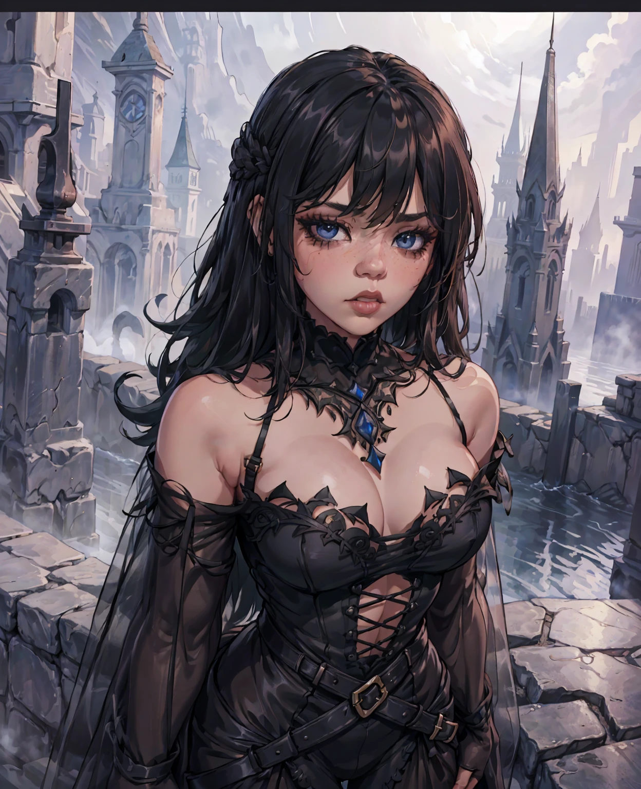 Jenna ortega as dwarf female, dark fantasy, extremely detailed portrait, beautiful detailed eyes, beautiful detailed lips, long eyelashes, intricate fantasy costume, ornate headpiece, moody dramatic lighting, cinematic composition, dark fantasy landscape, gothic architecture, dramatic fog and mist, rich color palette, chiaroscuro lighting, dramatic shadows, mystical and ethereal atmosphere, (best quality,8k,highres,masterpiece:1.2),ultra-detailed,(realistic,photorealistic,photo-realistic:1.37)