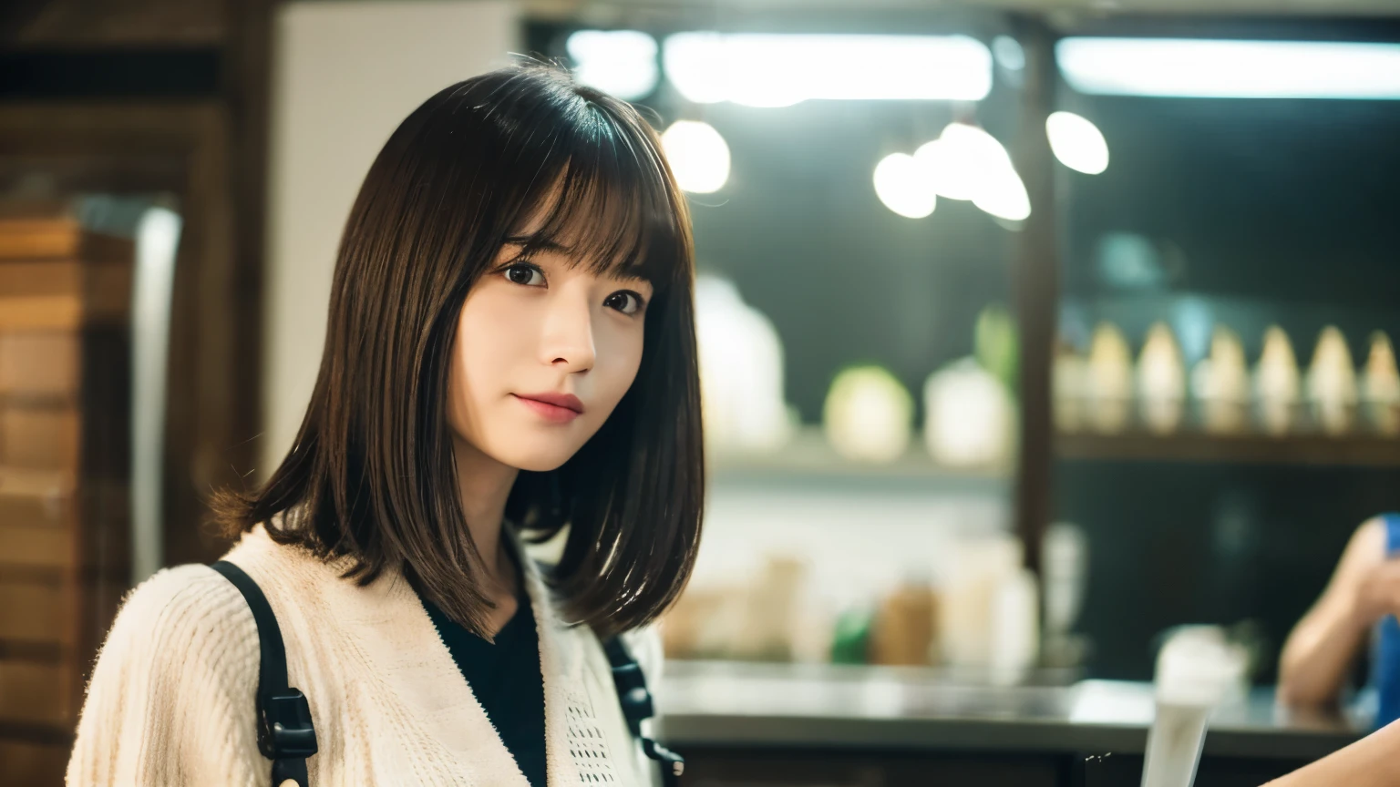 super high quality, Short Hair, Slender, Gravure photoshoot, The staff is working at the counter in the back., (8k、RAW Photos、highest quality、masterpiece:1.2), Japanese Idol, Shaggy, Sportswear, Stylish café, (Realistic、Photorealistic:1.37), Mesh Hair, Normal chest, Urban Cafe, Golden Ratio, Raw photo, Cute face , Light Brown Hair, Bright cafe interior, Blurred Background, Spring Clothes, A sweet expression, Watching the audience, Beautiful hairstyle, 20-year-old, Hair blowing in the wind, Neat clothes,
