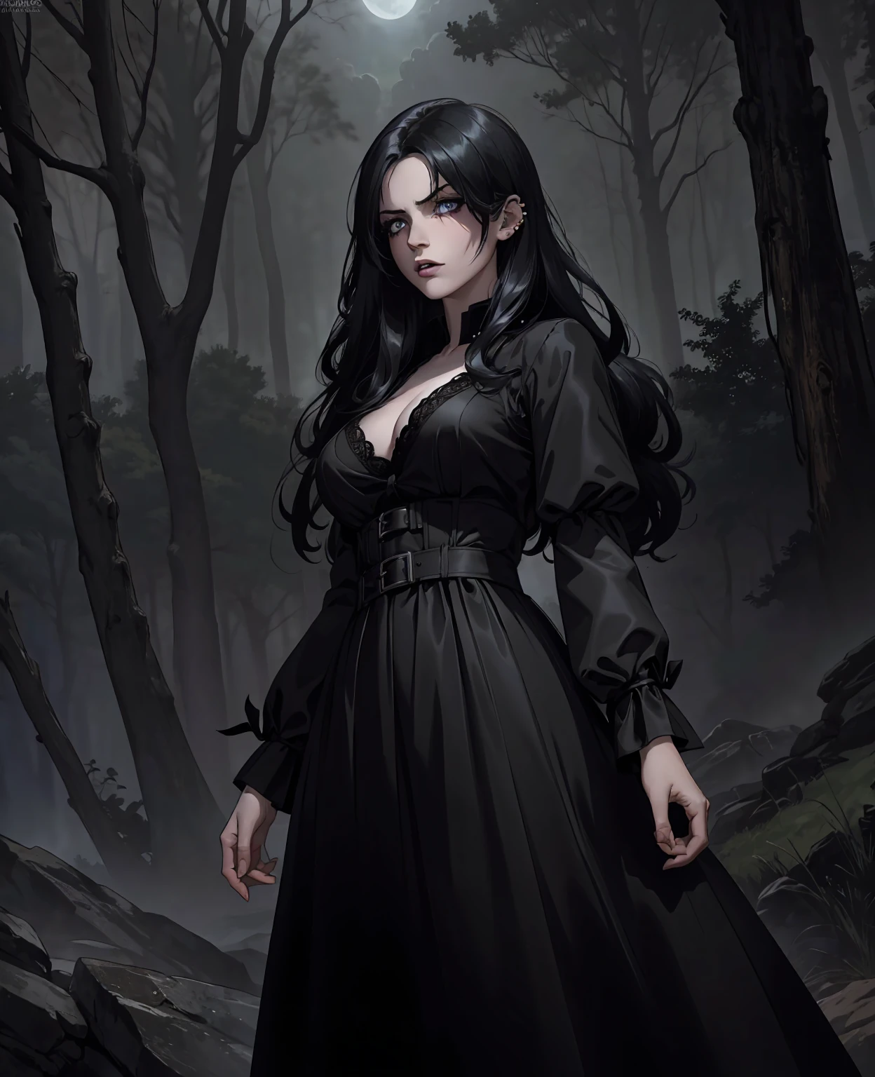 A dark fantasy scene, a beautiful girl with long black hair, piercing eyes, pale skin, dark makeup, wearing a black lace dress, standing in a mysterious, dimly lit forest with twisted, gnarled trees, moonlight shining through the branches, dark clouds in the sky, (best quality,4k,8k,highres,masterpiece:1.2),ultra-detailed,(realistic,photorealistic,photo-realistic:1.37),dark fantasy,gothic,cinematic lighting,dramatic shadows,moody colors,dramatic atmosphere
