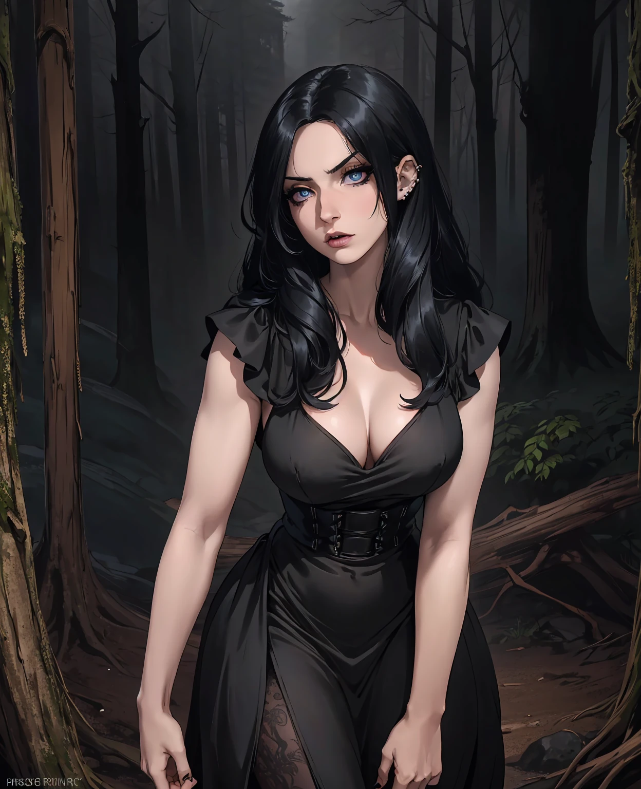 A dark fantasy scene, a beautiful girl with long black hair, piercing eyes, pale skin, dark makeup, wearing a black lace dress, standing in a mysterious, dimly lit forest with twisted, gnarled trees, moonlight shining through the branches, dark clouds in the sky, (best quality,4k,8k,highres,masterpiece:1.2),ultra-detailed,(realistic,photorealistic,photo-realistic:1.37),dark fantasy,gothic,cinematic lighting,dramatic shadows,moody colors,dramatic atmosphere