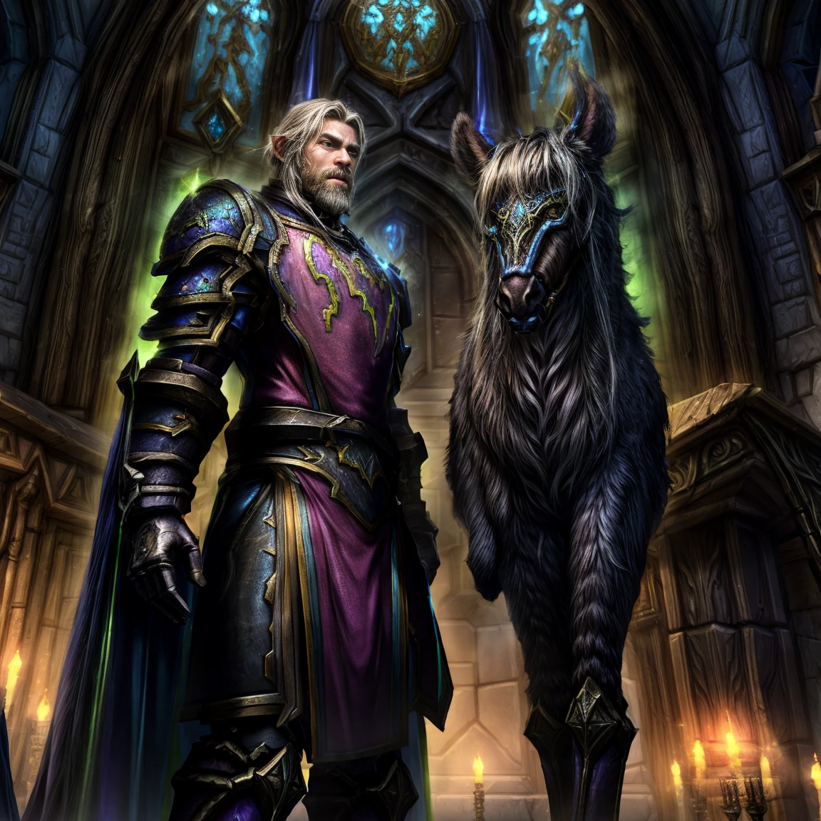 Draego, a medieval knight in shining armor, standing in front of an altar in a large cathedral, dramatic backdrop, high contrast, wide angle lens, vibrant colors, serene, detailed intricate armor, flowing cape, determined facial expression, sunlight streaming through stained glass windows, ornate altar with candles, dramatic shadows, cinematic composition, photorealistic, 8k, hyper detailed, masterpiece, (((World of warcraft stormwind:1.2)))
