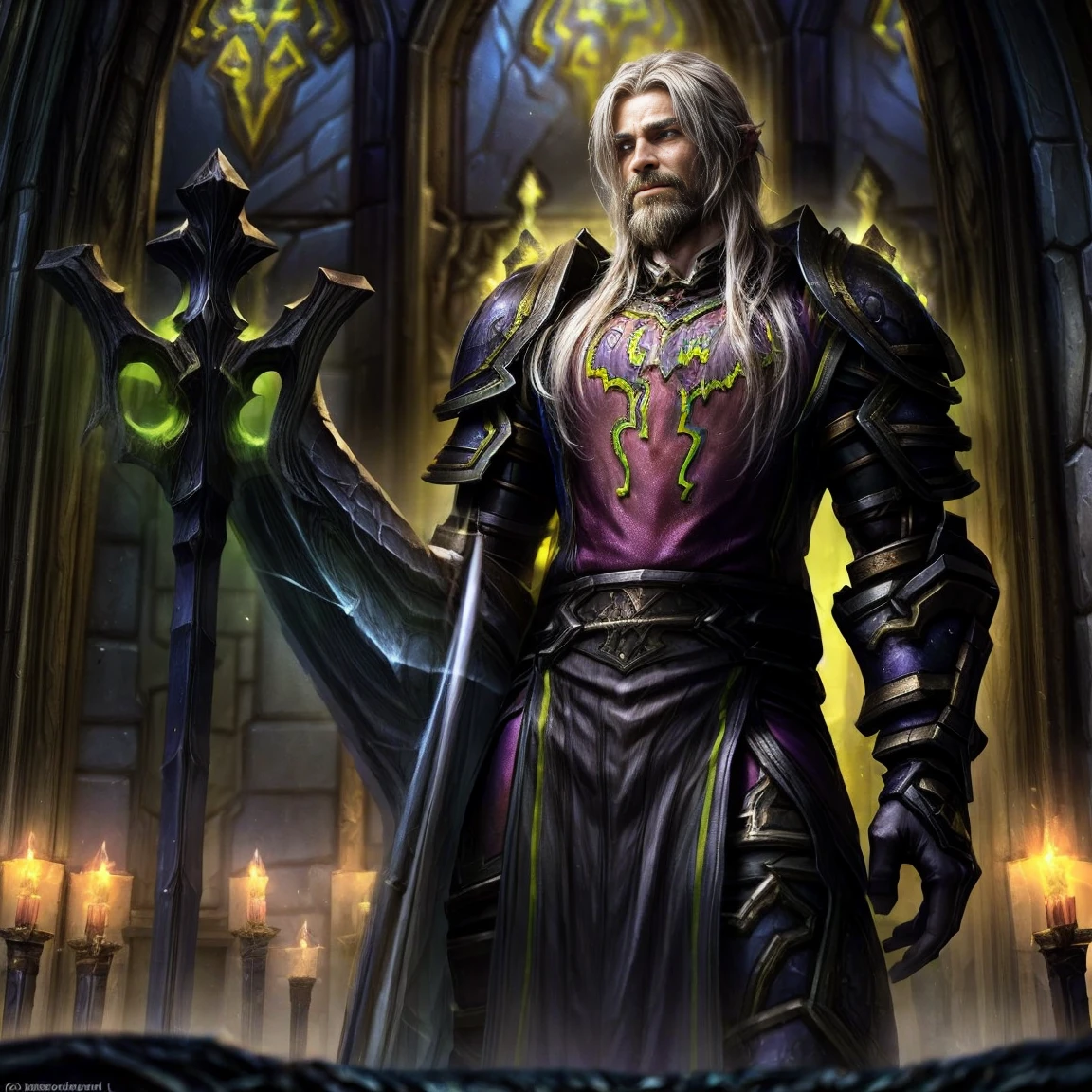 Draego, a medieval knight in shining armor, standing in front of an altar in a large cathedral, dramatic backdrop, high contrast, wide angle lens, vibrant colors, serene, detailed intricate armor, flowing cape, determined facial expression, sunlight streaming through stained glass windows, ornate altar with candles, dramatic shadows, cinematic composition, photorealistic, 8k, hyper detailed, masterpiece, (((World of warcraft stormwind:1.2)))
