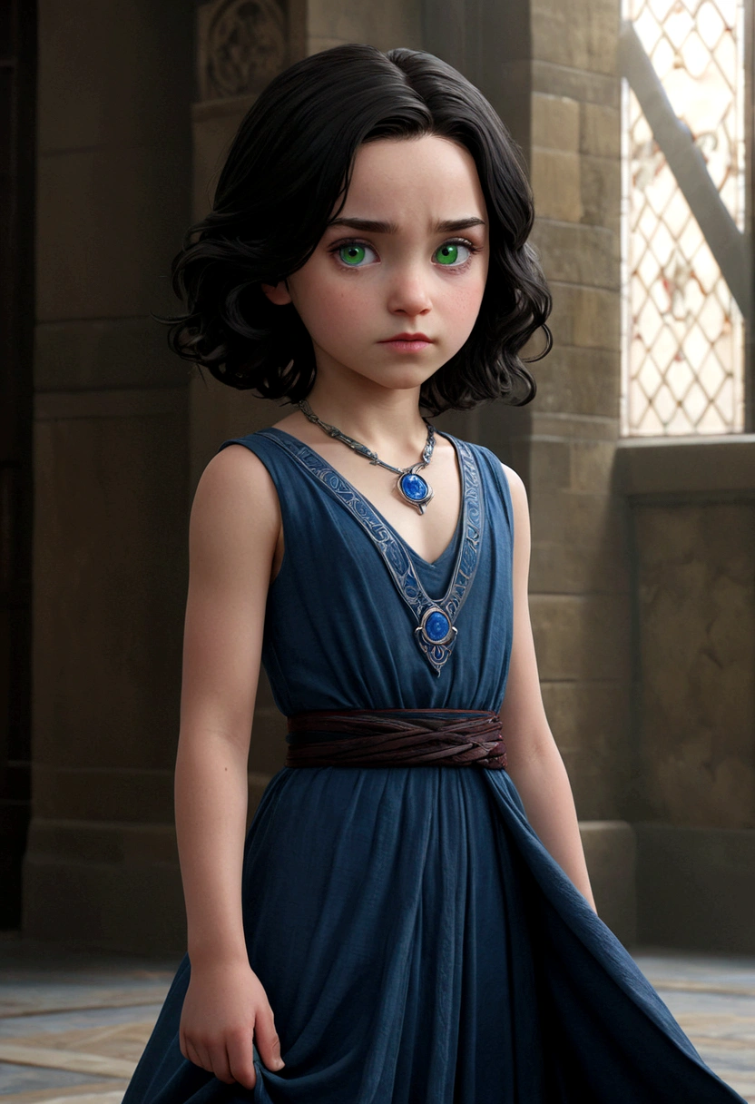 young 9--old ghter of severus snape,((highest quality)),(ultra high resolution),(Super detailed),(detailed description),((best CG)),(best work of art) ,black hair, green eyes, Jedi, lightsaber, Tight tunics, legs, foreign, curve, serious, lightsaber azul, (The best quality)+, Masterpiece+Black hair length to the middle of the back, with a necklace and a blue and white dress, a halo of blood over the head, Visible scales on the body and face, NSFW,
