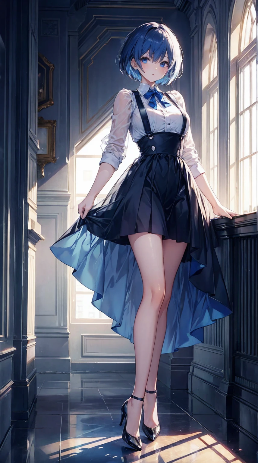 A beautiful short-haired woman with big blue eyes and transparent suspenders and high heels