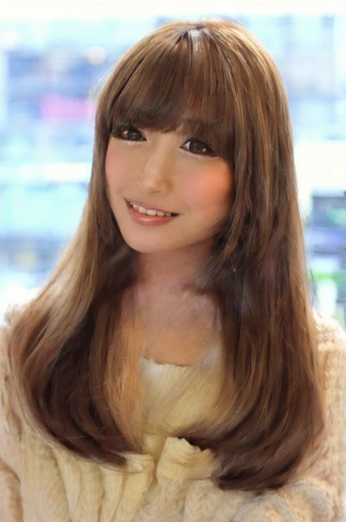 arafed woman with long brown hair and bangs wearing a white sweater, Hime cut, neat hair with bangs, long hair with full bangs, long hair with bangs, brown hair and bangs, middle length hair, mid - length hair, brown long hair with bangs, hair : long brown, shoulder - length hair, shoulder-length hair, 茶色の前hair