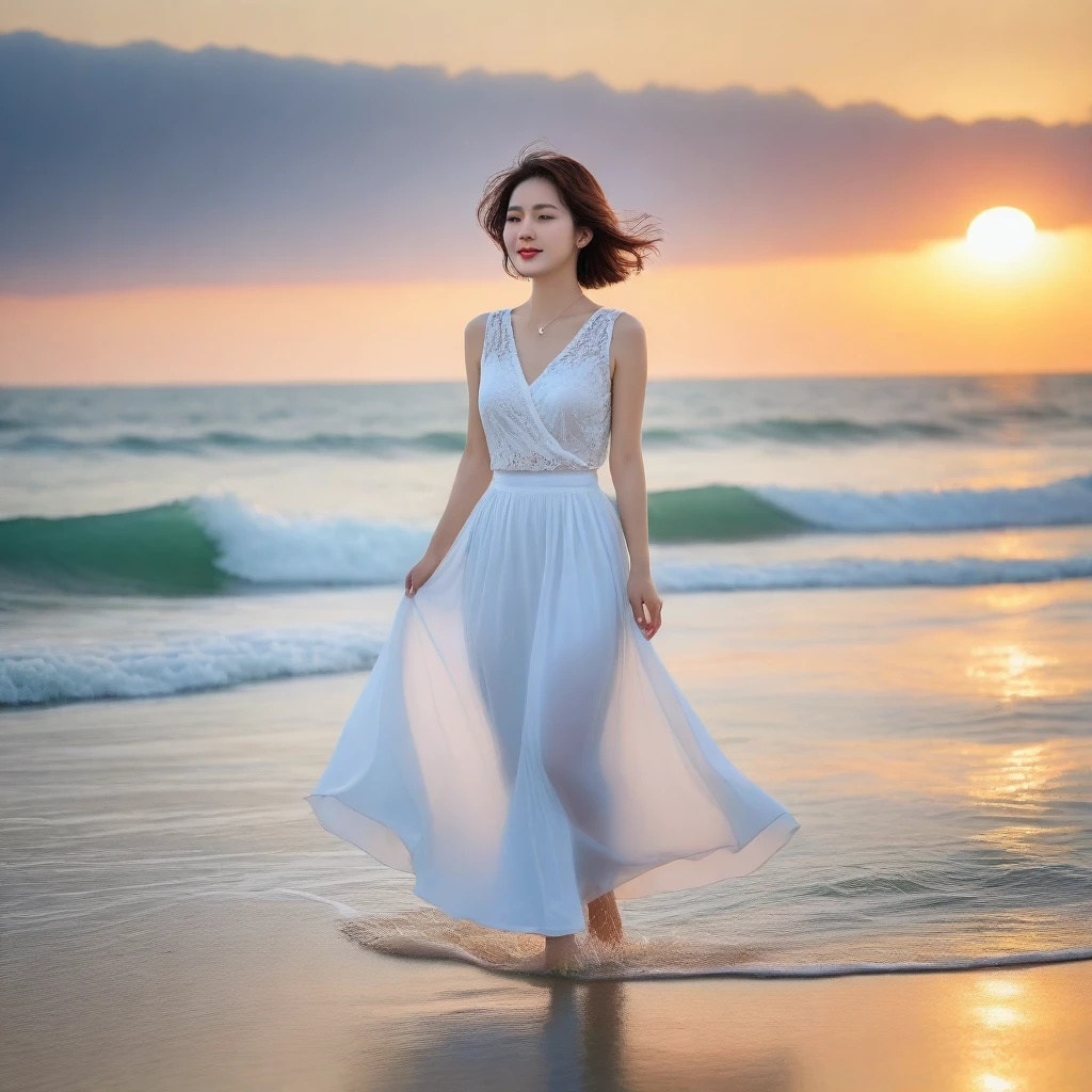 sunset red sun on the beach，A strong lingering scent is reflected in the sea., Beautiful 36-year-old short Korean woman, Chest size 34 inches, Wear sleeveless, light skirt. beautiful pretty woman look , wearing a light skirt , Go far into the sea water and dip your toes., Short medium hair blowing in the wind, 1 woman, beautiful eyes, a little smile, Full-body photo taken from afar with a wide-angle lens, The background is clean and perfect., the waves are coming.