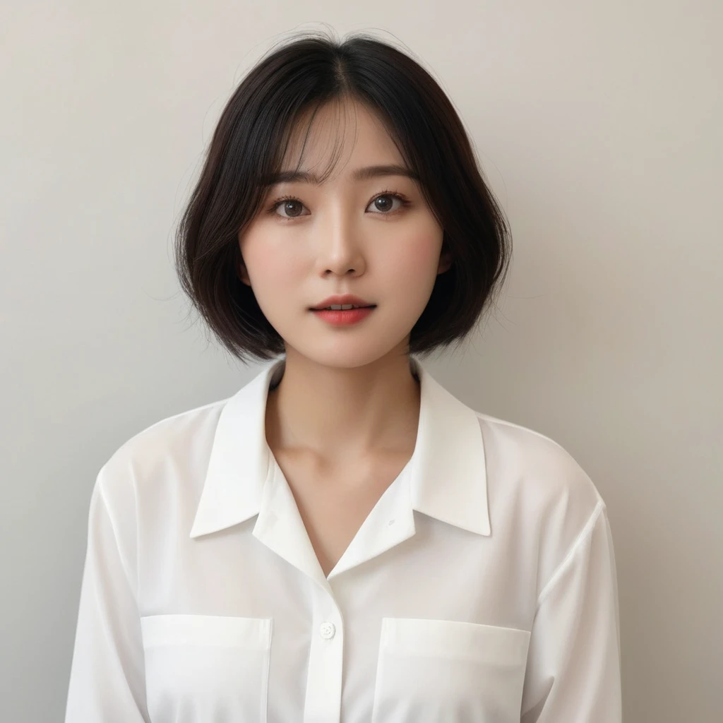 Best Quality, 8k, Masterpiece, (Portrait: 1.3), (photo realistic:1.4), (hyper realistic:1.4), Sharp Focus, looking at viewer, (smoother lighting:1.1), (increase cinematic lighting quality:0.9), realistic lighting, backlighting, light on face, ray trace, (brightening light:1.2), (Increase quality:1.4), sharp detail, (best quality real texture skin:1.4), finely detailed eyes, black_eyes, finely detailed face, 25 year old Korean woman, (white formal_shirt:1.4), (Create an image maintaining the original base model hairstyle:1.5)