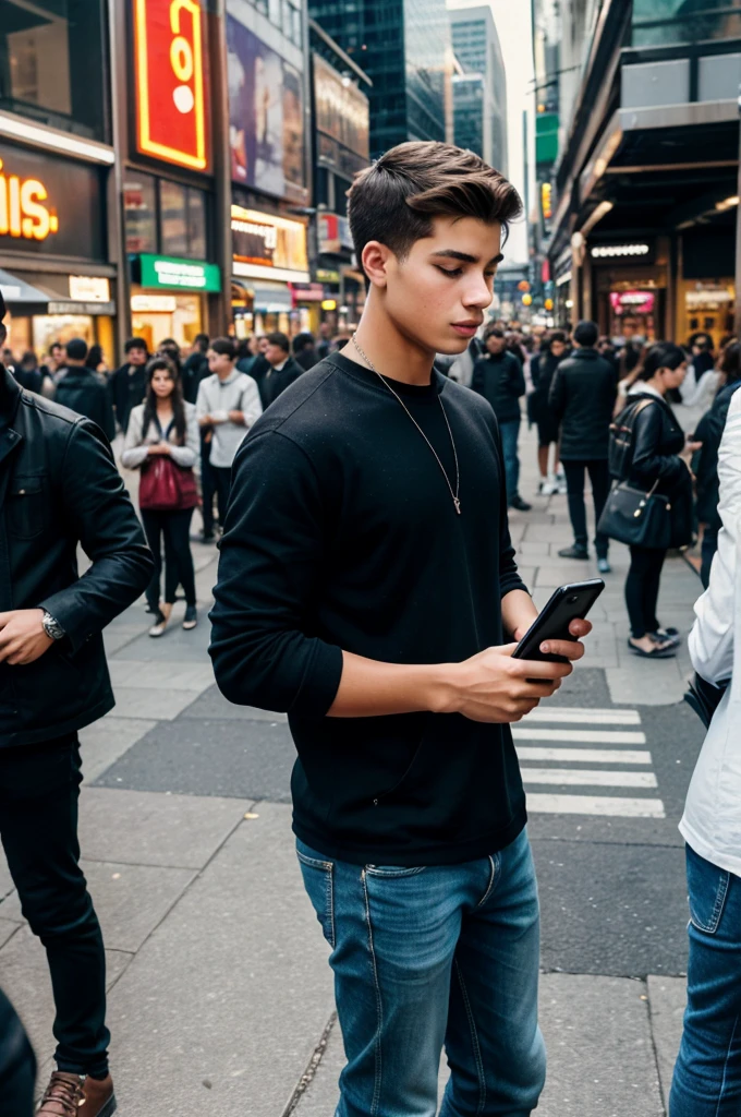 A young man in a busy city: Depict a bustling urban environment with a young man, Alex, engrossed in his phone while people around him are interacting and enjoying their surroundings.