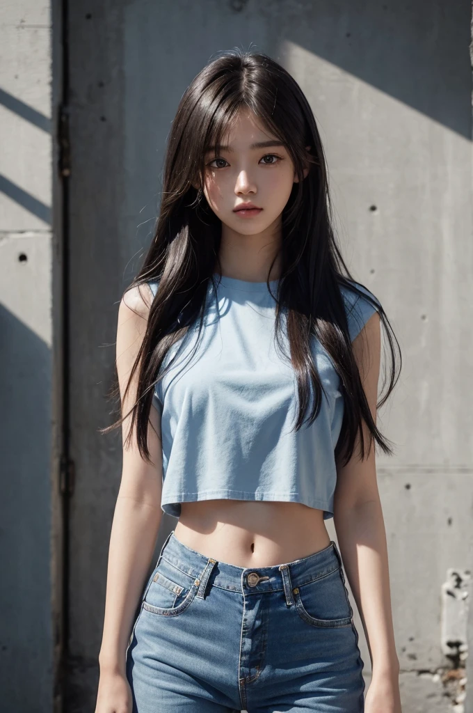 20 year old girl, blue short jean, blue top, long hair, high contrast (Natural skin texture, Hyperrealism, Soft Light, sharp), portrait, standing