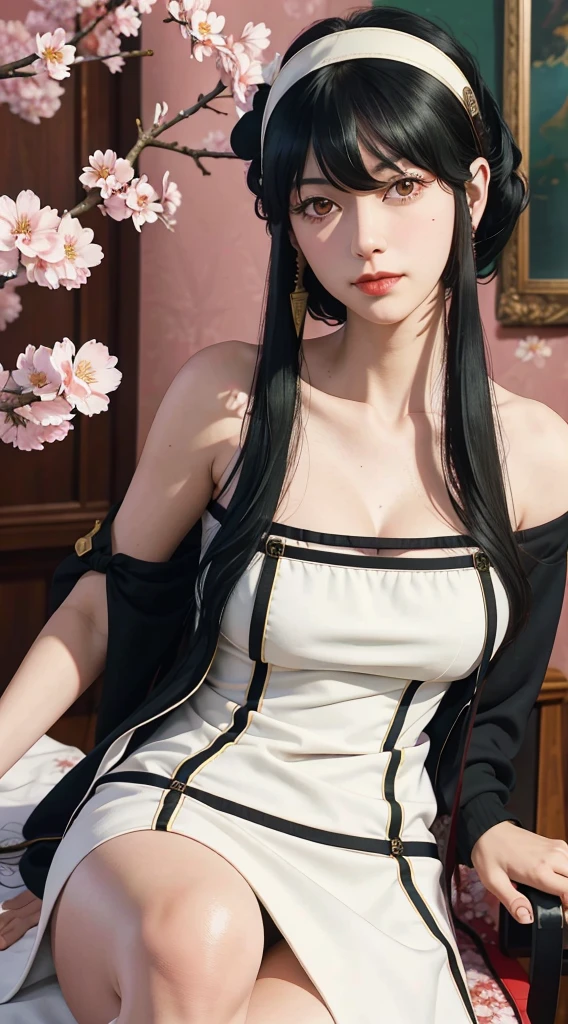 yor, Mature female, bangs, side locks, Red eyes, Black hair, hair adornments,sportrait, (face:1.2), schoolgirls, ssmile,bare shoulders, Black hair, cherry blossom, cleavage, (gown:1.21), clavicle, Willow Branch, (masterpiece best quality :1.2),