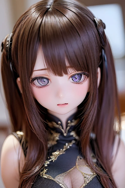 (SFW:2), photorealistic, realistic photo, 8k, ((highest quality)), ((masterpiece)), (extremely detailed), kukolnydom, doll, (mature woman, 20yo, 20 years old:1.6), solo, ((cowboy shot)), parted lips, green eyes, brown hair, double buns, (plastic skin, looking at another, glass eyes, gradient eyes, shining eyes, detailed eyes, detailed face:1.3), china dress, qipao, chinese room