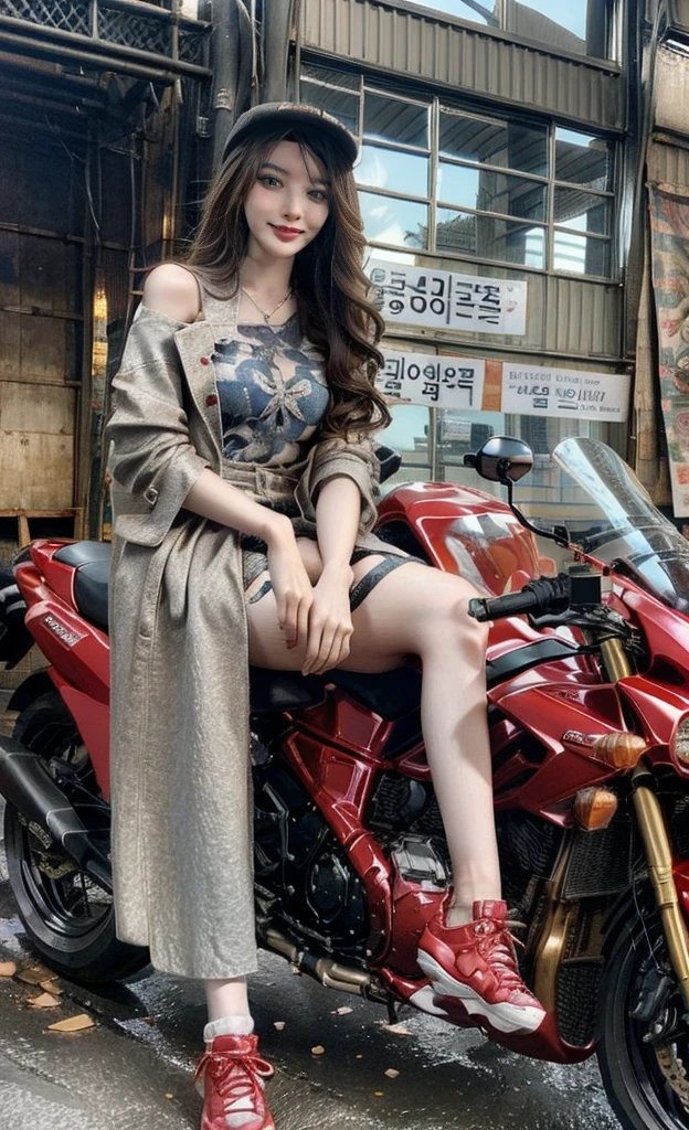 8K, Practical,Realistic photos, high resolution, High-resolution details,Realistic skin texture、Korean beauty living in the United States riding a Honda motorcycle、Nice and delicate face,Smiling gently at the camera,Dirty long coat、Shotgun shoulder strap、Baseball cap、high top sneakers、The city center is in ruins、Sunlight、Cool big motorcycle、Sci-fi fashion motorcycle。