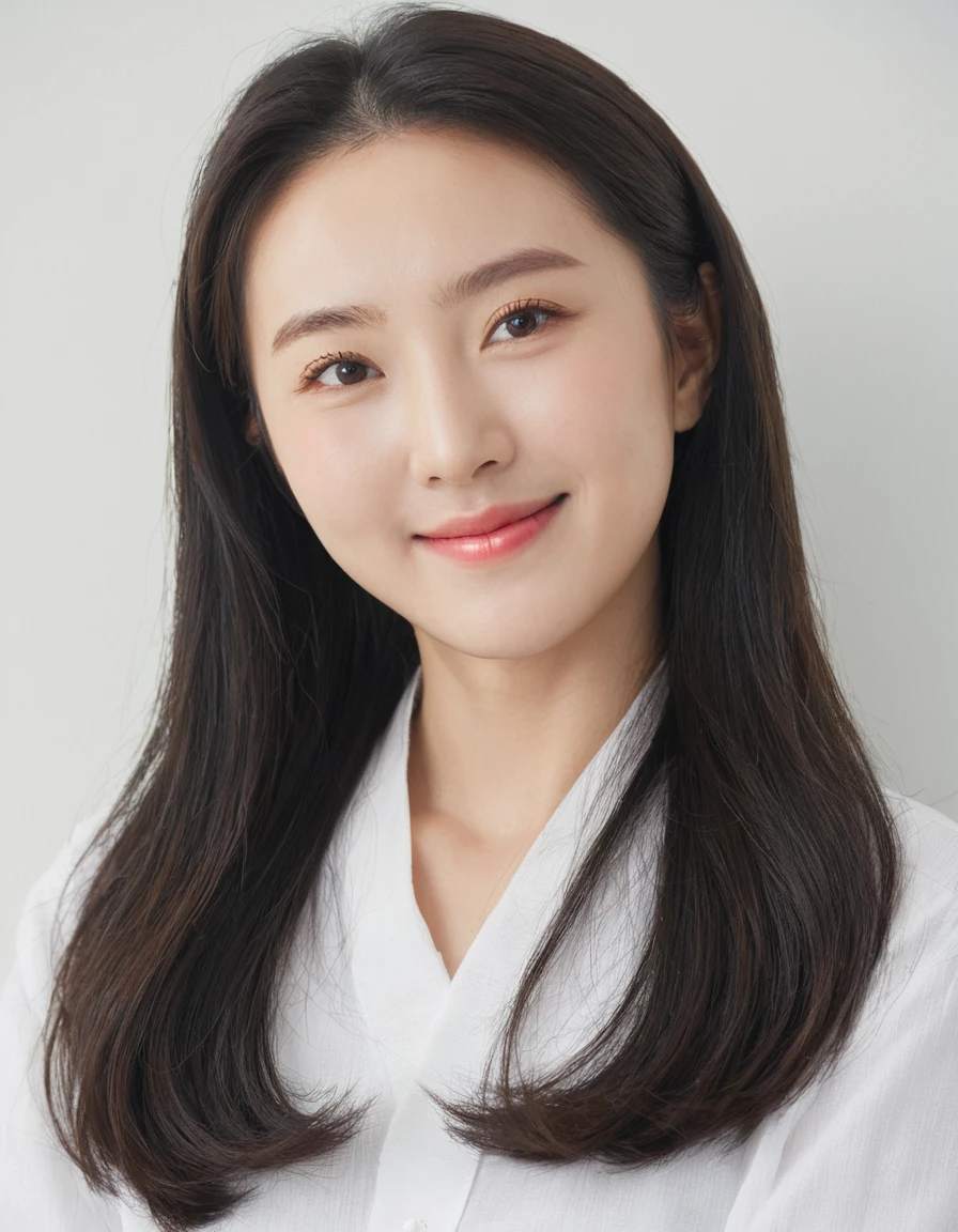 Best Quality, 8k, Masterpiece, (Portrait: 1.3), (photo realistic:1.4), (hyper realistic:1.4), Sharp Focus, looking at viewer, (smoother lighting:1.1), (increase cinematic lighting quality:0.9), realistic lighting, backlighting, light on face, ray trace, (brightening light:1.2), (Increase quality:1.4), sharp detail, (best quality real texture skin:1.4), finely detailed eyes, black_eyes, finely detailed face, 25 year old Korean woman, smiling_face