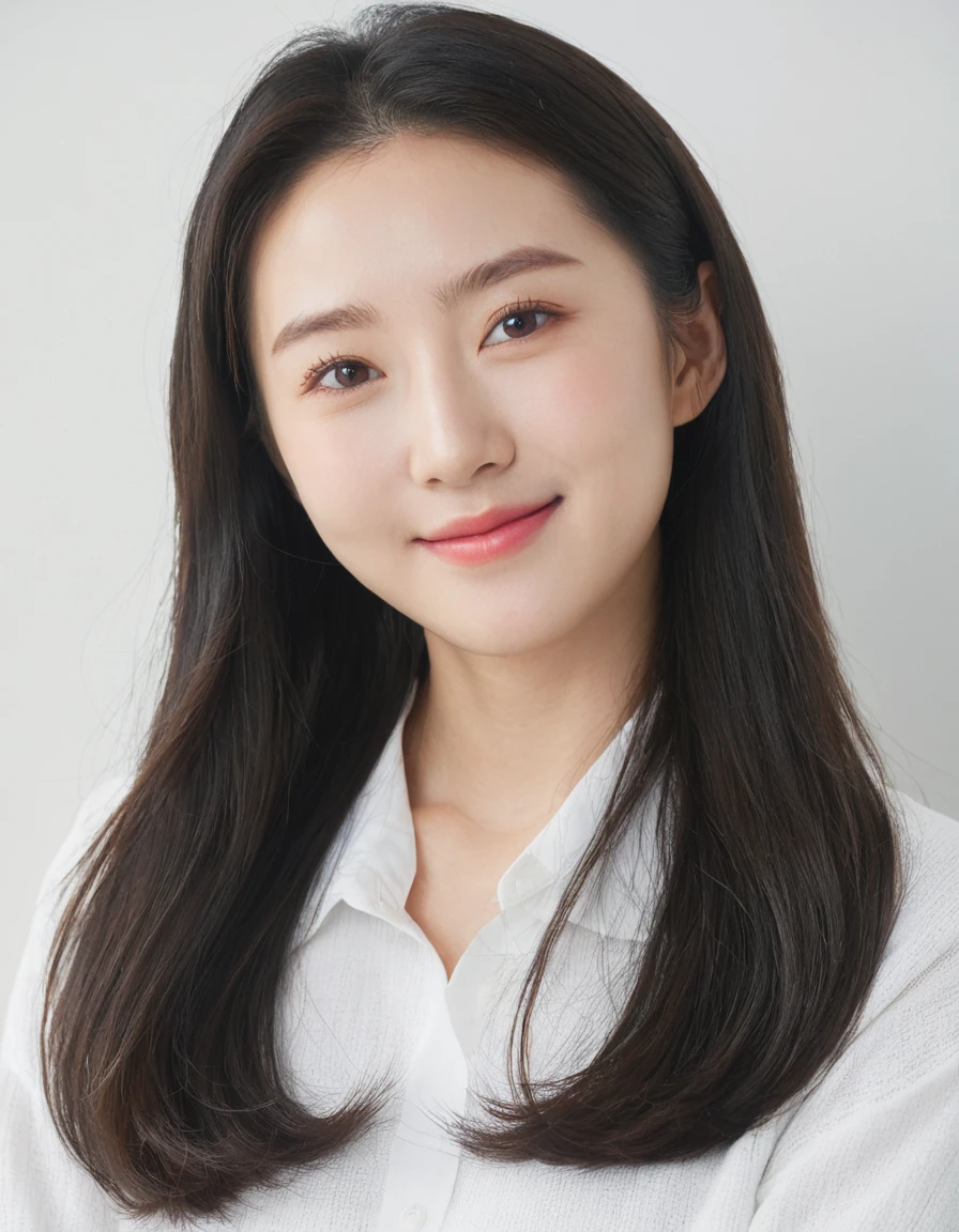Best Quality, 8k, Masterpiece, (Portrait: 1.3), (photo realistic:1.4), (hyper realistic:1.4), Sharp Focus, looking at viewer, (smoother lighting:1.1), (increase cinematic lighting quality:0.9), realistic lighting, backlighting, light on face, ray trace, (brightening light:1.2), (Increase quality:1.4), sharp detail, (best quality real texture skin:1.4), finely detailed eyes, black_eyes, finely detailed face, 25 year old Korean woman, smiling_face