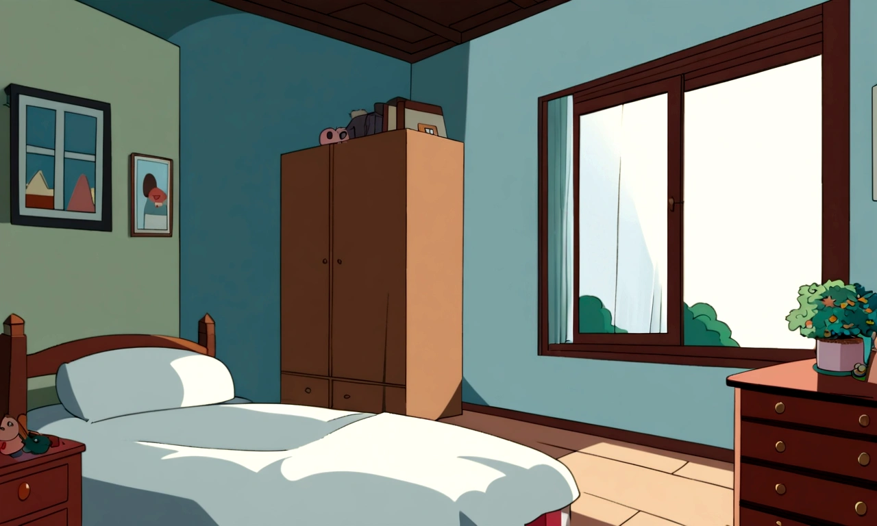 2D style anime, Cartoon style, a sloppy bedroom in America in 1960, a messy boy's bedroom, with a window in the left side and bed in the right side, with a closet, full view of the room.